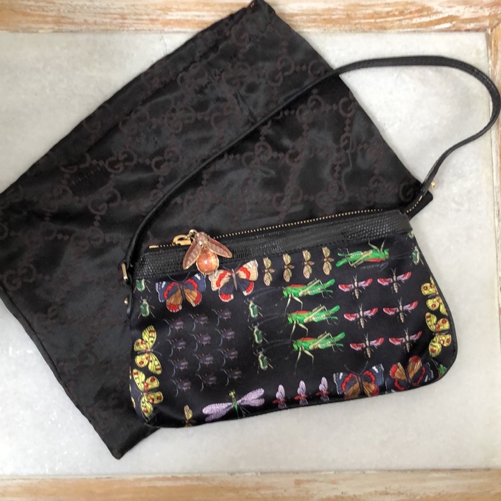 Gucci black insect print satin and lizard trim pochette bag